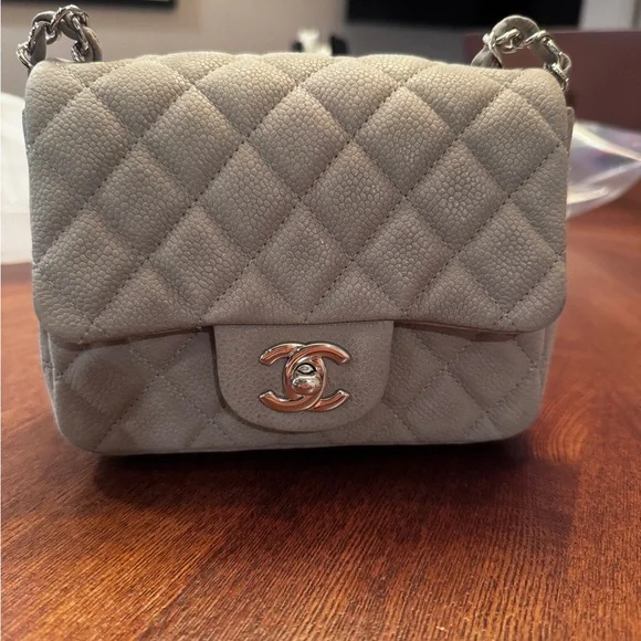 Chanel Caviar Gray Mini Classic Square Bag with Silver Chain - Picture 1 of 7